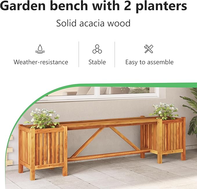 Garden Bench with 2 Planters 59.1"x11.8"x15.7" Solid Acacia Wood