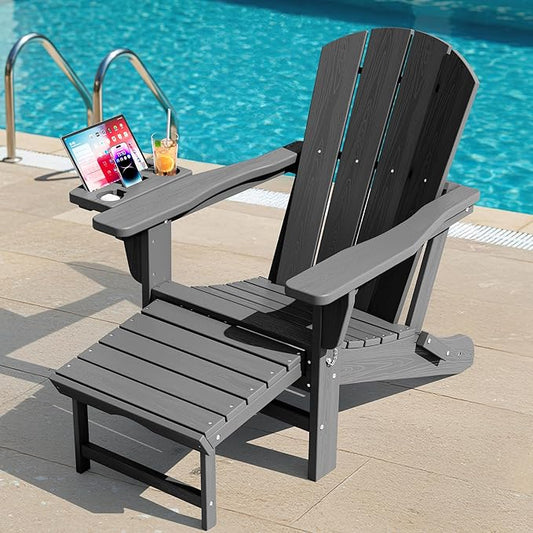 KINGYES Folding Adirondack Chair, Adjustable Backrest with Pull-Out Footrest & 4-in-1 Mobile Phone, Tablet, Cup Holder