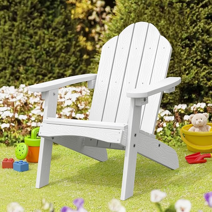 LUE BONA Kids Adirondack Chair, White Poly Lumber Plastic Chair, Toddler Adirondack Chair Weather Resistant, Kids Outdoor Patio Adirondack Lounge Chair for Balcony, Backyard