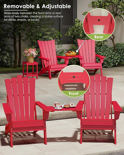 GREENVINES Folding-Adirondack-Chairs-Set-of-2 | HDPE Plastic | Throne Series | Fire Pit Chair | with Connecting Tray | Removable Table | All Weather | for Outdoor Patio Deck Poolside | Red