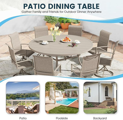 Patio Dining Table for 8-10, Round Metal Outdoor Table with 1.57" Umbrella Hole, 60" Outdoor Slat Tabletop Dining Table for Backyard, Porch, Lawn, Sand