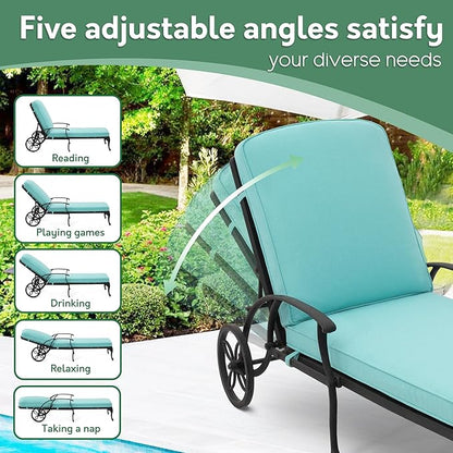 Chaise Lounge Chair Outdoor- Patio Pool Chairs Tanning Lounges for Outside Beach Lounger Cast Aluminum Set of 2 Reclining Cyan with Side Table