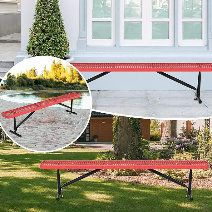 Park Benches for Outside, 8 ft Metal Porch Bench Furniture Patio Seating, Commercial Expanded Metal Mesh Bench for Outdoor, Lawn, Backyard, Park, Deck, Garden, Patio, School (Red, 8FT)