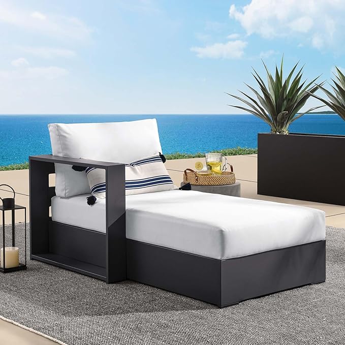 Modway Tahoe Aluminum Outdoor Chaise Lounge in Gray White with Weather-Resistant Cushions, Modular Left-Facing Patio Lounger for Pool Furniture or Sectional Sofa Set