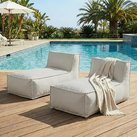Merax Outdoor Bean Bag Lounge Chairs Set of 2, 61" Outdoor Chaise Lounger Chair with Foam Filled, Cozy Outdoor Bean Bag Couch for Patio Pool Desk, Water-Resistant Fabric Sun Lounger Chair, Light Grey