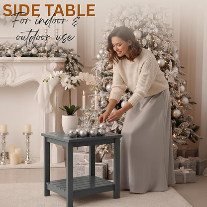 2-Tier Adirondack Outdoor Side Table, 16.6" Acacia Weather-Resistant End Table with Shelf for Patio, Garden, Lawn, Living Room (Grey)