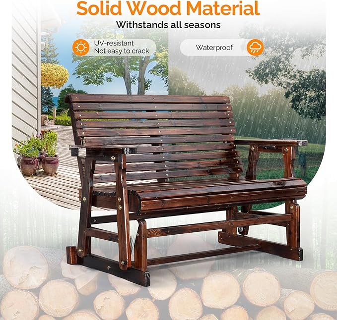 VINGLI Wooden Patio Glider, Heavy Duty 800 LBS Outdoor Glider with Cup Holders - Photo 4