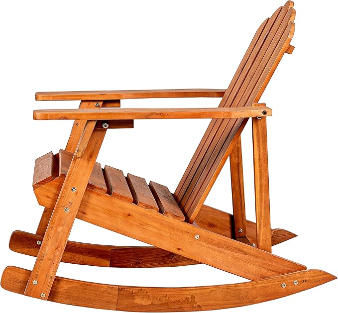 Eyely PTA1000A Harvey Outdoor Patio Classic Acacia Wood Adirondack Rocking Chair, Light Brown for Bohemian, Classic, Country, Cottage, Farmhouse, Rustic