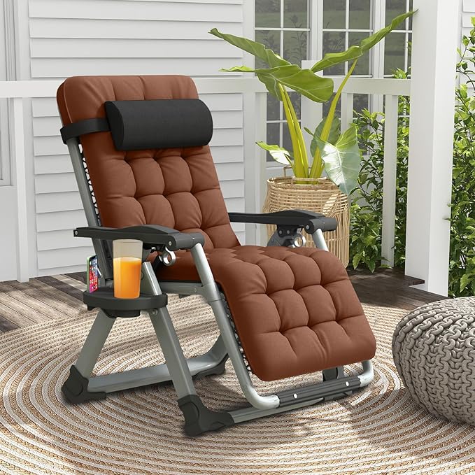 Oversized Zero Gravity Chair, XL Lounge Chair 29” Width, Padded Recliner Chair W/Removable Cushion & Adj Headrest, Storage Bag, Footrest Cushion, Cup Holder, for Indoor Outdoor, Brown