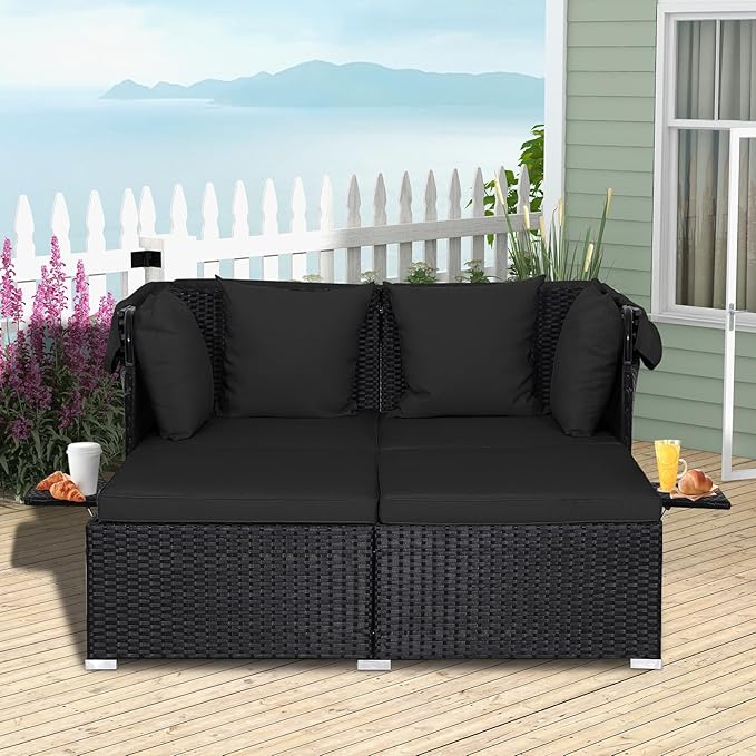 RELAX4LIFE Patio Outdoor Daybed with Canopy, Wicker Sunbed w/Cushions, 4 Pillows & 2 Retractable Side Trays - Photo 9