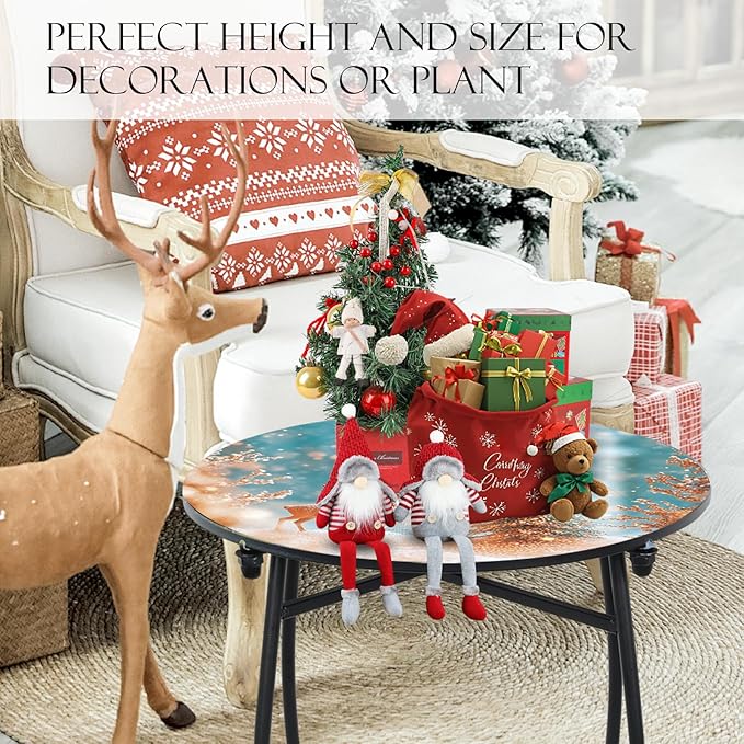 21" H Metal Side Table, Unique Christmas Tabletop with Metal Frame, Round End Bedside Table Accent Table for Bedroom Patio Yard Porch Balcony Garden