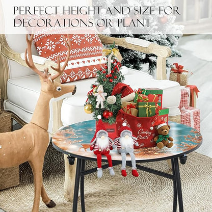 21" H Metal Side Table, Unique Christmas Tabletop with Metal Frame, Round End Bedside Table Accent Table for Bedroom Patio Yard Porch Balcony Garden