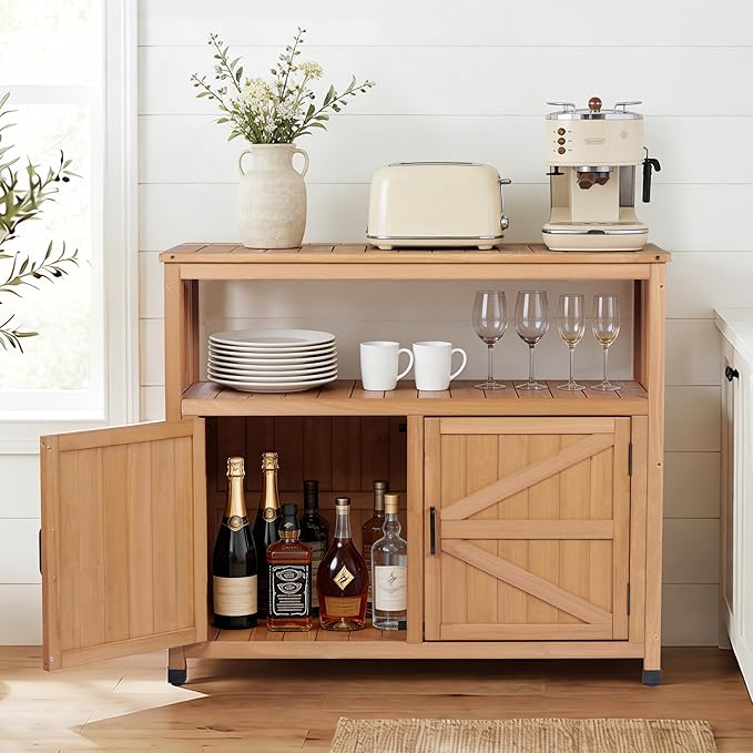 Mederlo Wooden Patio Bar Table Set with Storage, Buffet Cabinet Sideboard for Outdoor and Indoor