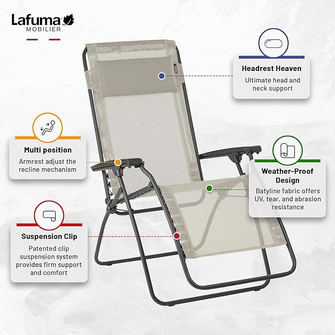 Lafuma R-Clip Batyline Relaxation Patio and Poolside Zero Gravity Outdoor Lounge Recliner Chair with Adjustable and Removable Headrest, Seigle