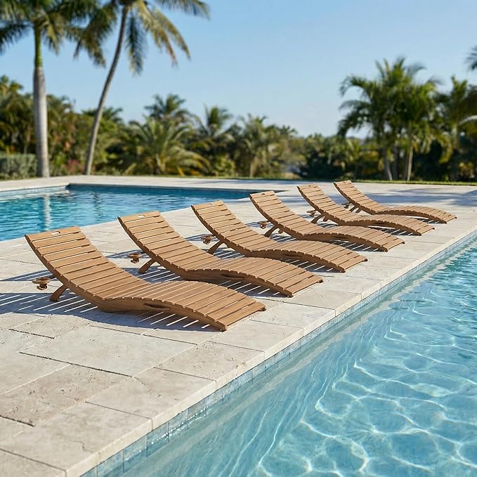 in-Pool Lounge Chairs Set of 2, Folding HDPE Pool Chairs Anti-Floating No Sandbags with Cup Holder & Handles, Outdoor Chaise Lounge for Poolside, Patio & Sun Deck(Teak)