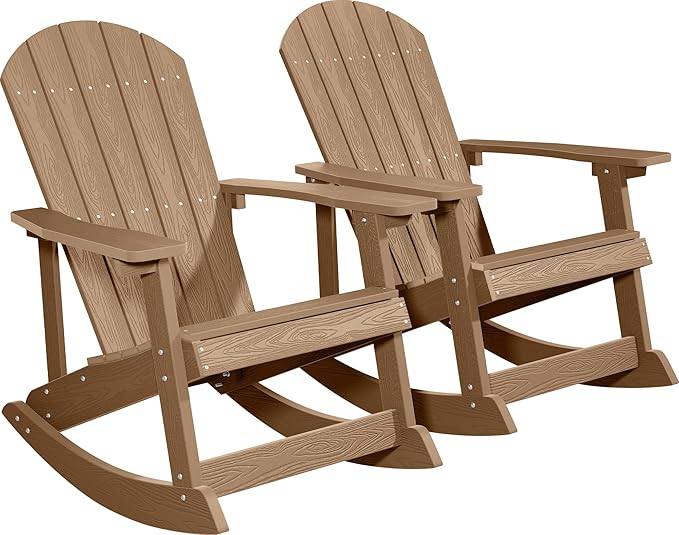 YEFU Outdoor Rocking Chair Set of 2,Adirondack Rocking Chair,Patio Rocker Chair with Wide Back,Oversized Rocker Chair Look Like Real Wood, for Lawn, Porch, Backyard, Indoor and Garden(Teak)