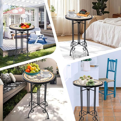 VCUTEKA Mosaic Outdoor Side Table, Round Rustproof Patio Tables with 14" Ceramic Tile Top, Indoor Porch Accent Table for Yard, Garden, Living Room, Bistro Balcony, Brown