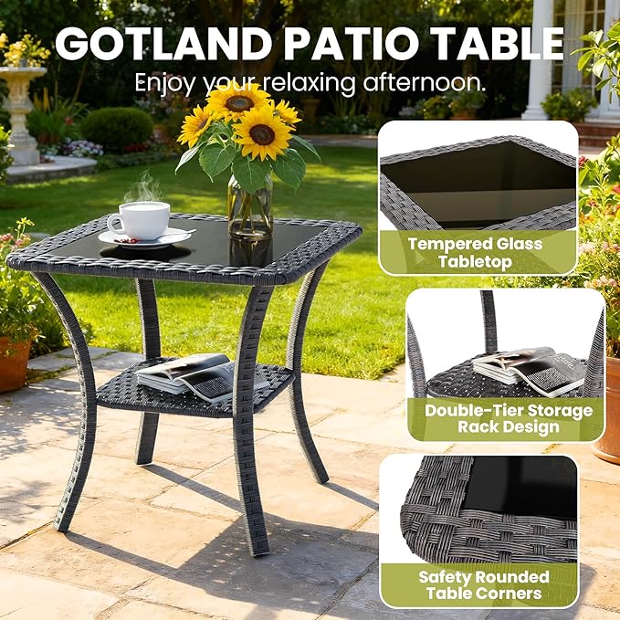 Gotland Outdoor Swivel Chairs Set of 2, 3 Pieces Patio Furniture Set with Thick Cushion, Wicker Rocking Patio Chairs Set of 2, Patio Bistro Set with Double-Layer Coffee Table for Balcony Porch Navy