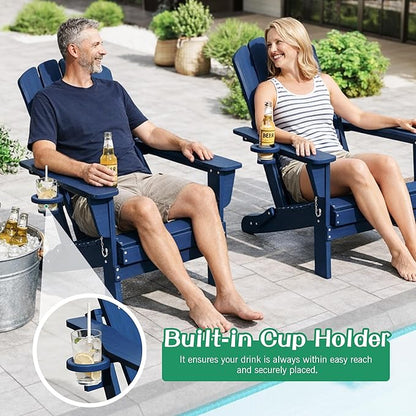 Domi Folding Adirondack Chair Set of 4, HDPE All-Weather Adirondack Chairs with Cup Holder, Outdoor Plastic Fire Pit Chairs Wood Texture for Poolside, Patio, Backyard, Deck (Blue)