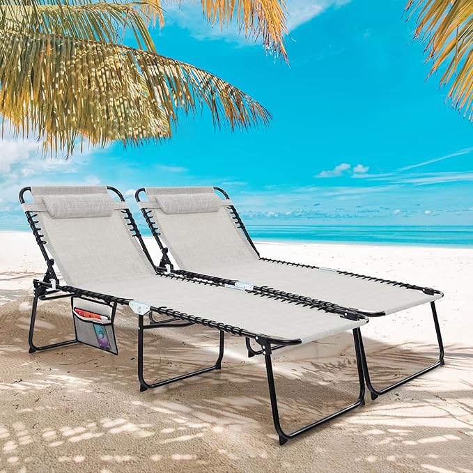 Goplus Chaise Lounge Chair Outdoor, Extra Large Folding 5-Postion Beach Lounger with Detachable Pillow, Side Pocket, Sunbathing Lounge Chair, Adjustable Tanning Chair for Patio Lawn Pool Yard