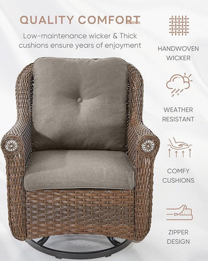Patio Chairs Outdoor Swivel Glider - Set of 2 High Back Outside Brown Wicker Rattan Rocking Chair with Zippered Cushion for Porch Apartment Deck Yard Poolside Garden - Grey