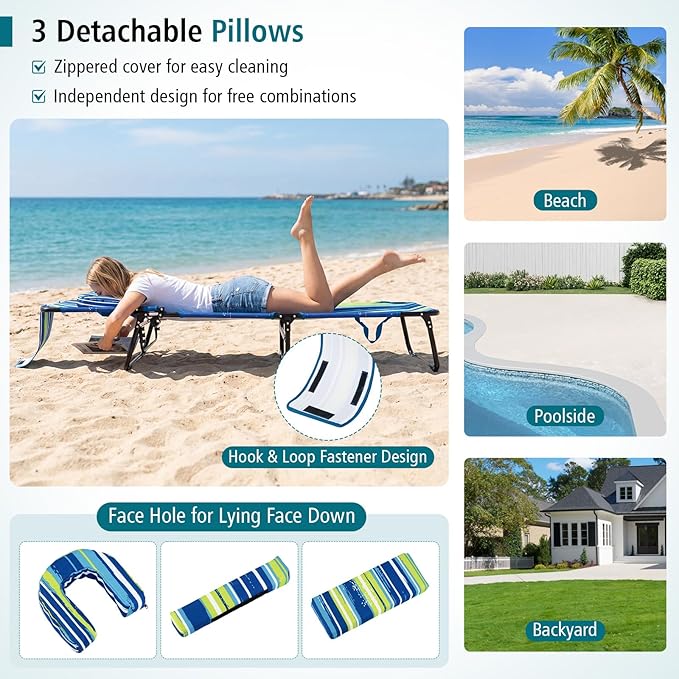 Tangkula Beach Lounge Chair, Folding Sunbathing Recliner with Face Hole, Face Down Tanning Chair with 4-Level Adjustable Backrest & 3 Removable Pillows, Chaise Lounge Chair for Patio (1, Stripe)