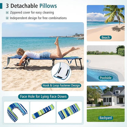 Tangkula Beach Lounge Chair, Folding Sunbathing Recliner with Face Hole, Face Down Tanning Chair with 4-Level Adjustable Backrest & 3 Removable Pillows, Chaise Lounge Chair for Patio (1, Stripe)