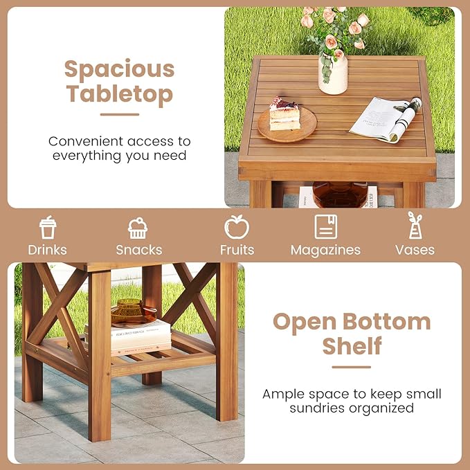 Tangkula Outdoor Side Table, 2-Tier Acacia Wood Adirondack Bistro Small Square Patio Table with Slatted Tabletop & - Photo 7