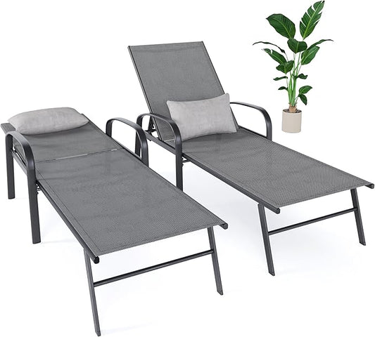 Outdoor Chaise Lounge Chair Set of 2 Adjustable Pool Lounge Chairs with Lumbar Pillow Outside Tanning Chairs for Beach Deck Backyard Lawn