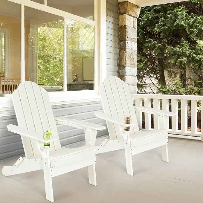 Tangkula Outdoor Folding Adirondack Chair, HDPE Armchairs with Cup Holder, Weather Resistant Lounger Chair for Patio Garden Fire Pit Backyard, Lawn Porch Seating, Adirondack Lounger (1, White)