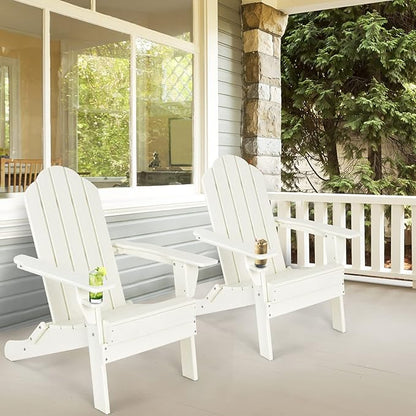 Tangkula Outdoor Folding Adirondack Chair, HDPE Armchairs with Cup Holder, Weather Resistant Lounger Chair for Patio Garden Fire Pit Backyard, Lawn Porch Seating, Adirondack Lounger (2, White)
