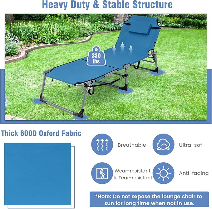 GYMAX Tanning Chair, 330LBS Beach Lounge Chair with Face Arm Hole & Hand Shoulder Strap, Folding Layout Sunbathing Chair, Face Down Outdoor Chaise Lounger for Patio, Poolside, Lawn, Backyard (2, Blue)