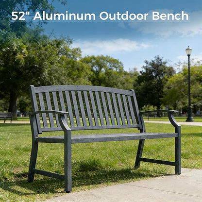 Grand patio 52" Farmhouse Outdoor Bench, Garden Benches with Anti-Rust Aluminum Metal Frame, Faux Wood Grain Finish Frame Patio Bench for Front Porch, Weathered Blue
