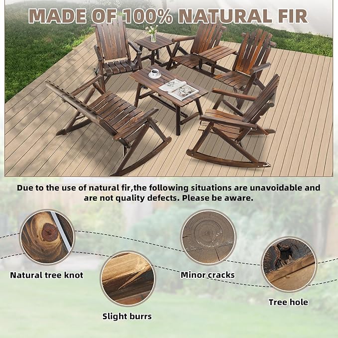 6-Piece Outdoor Wood Log Rocking Conversation Set, Patio Adirondack Furniture Set Including 2-Seater Loveseat, 2 Coffee Table, 2 Log Rocker Chair, Garden Bench & Built-in Table, Carbonized