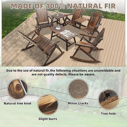 6-Piece Outdoor Wood Log Rocking Conversation Set, Patio Adirondack Furniture Set Including 2-Seater Loveseat, 2 Coffee Table, 2 Log Rocker Chair, Garden Bench & Built-in Table, Carbonized