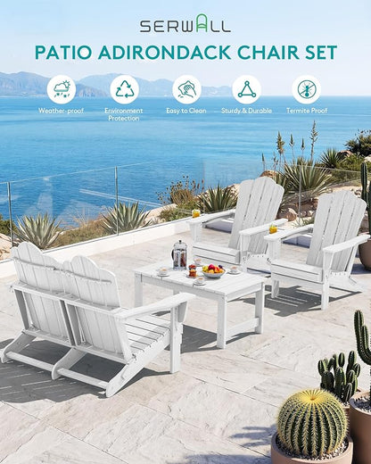 SERWALL HDPE Patio Furniture Set, 2 Adirondack Chair with Cup Holder & 1 Adirondack Bench & 1 Coffee Table with Umbrella Hole, All-Weather Outdoor Adirondack Chair Set for 4, White