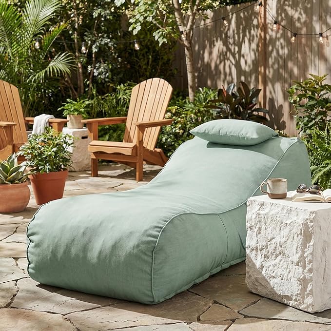Merax Outdoor Bean Bag Chairs with Headrest, 71" L Large Lounger Chair for Adults Bean Bag Bed with Foam Filled for Patio Pool Balcony & Desk, Beige Fabric Outside Beanbag Chair, Mint