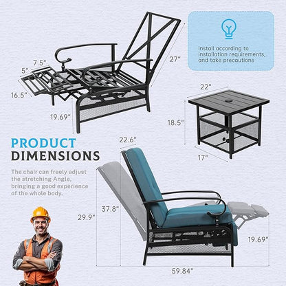 Incbruce 2 Pieces Outdoor Lounge Recliner Set, Adjustable Metal Recliner Sofa Chair and Umbrella Stand Side Square Table Suitable for Garden, Pool, Yard (Peacock Blue)