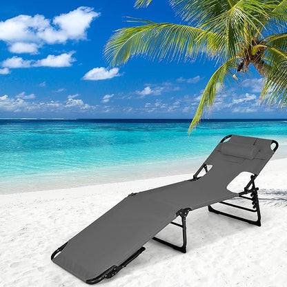 GYMAX Tanning Chair, Folding Beach Lounger with Face Arm Hole, Adjustable Backrest, Side Pocket, Pillow & Carry Handle, Outside Sunbathing Lounge Chair for Patio, Poolside, Lawn (1, Gray)