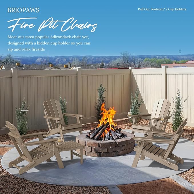 BRIOPAWS Adirondack-Chairs-with-Pull-Out-Footrest | Set of 6 | Folding | HDPE Plastic | Fire Pit Chair | All Weather | Cup Holders | Curved Back | Retractable Ottoman | for Poolside Deck | Light Brown