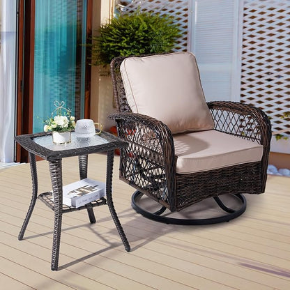 Outvita Outdoor Side Table, Patio Rattan Coffee Table Small End Table with Glass Tabletop and Storage Shelf for Patio Porch Backyard Balcony Living Room
