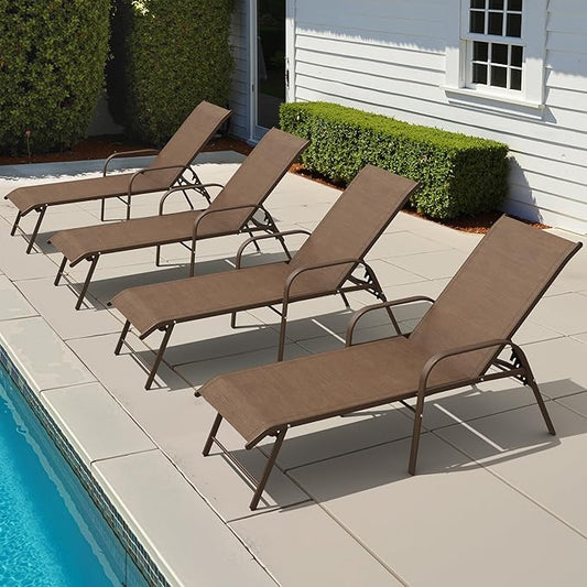 Crestlive Products Chaise Lounge Chair Outdoor with Armrests, Pool Lounge Chairs Set of 4, Aluminum Adjustable 5 Positions Sun Tanning Lounger for Patio, Poolside, Yard, Deck, Backyard (Brown)