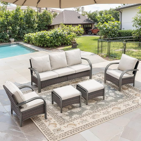 Belord 5 Piece Outdoor Wicker Furniture Set, High Back Deep Seating Patio Sofa Set with Metal Armrests Rattan Chairs - Photo 1
