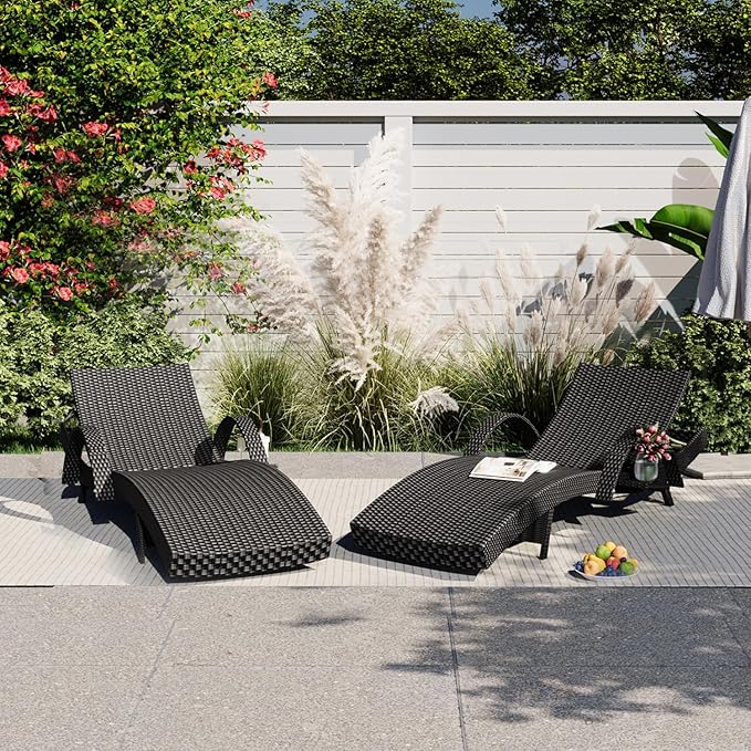 Yayzy 80'' Long Outdoor Wicker Chaise Lounge Chairs Set of 2, Patio Rattan Reclining Chair with Adjustable Backrest & Armrests, Durable PE Rattan Sunbathing Chairs for Pool, Garden, Backyard, Black