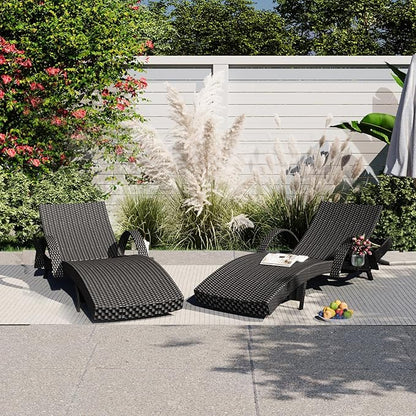 Yayzy 80'' Long Outdoor Wicker Chaise Lounge Chairs Set of 2, Patio Rattan Reclining Chair with Adjustable Backrest & Armrests, Durable PE Rattan Sunbathing Chairs for Pool, Garden, Backyard, Black