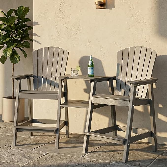 Kingdura Upgraded Tall Adirondack Chairs Set of 2, Weather Resistant HDPE Bar Height Outdoor Stools with Removable Double Connecting Trays, Wooden Grain for Patio, Balcony, Deck (Grey)