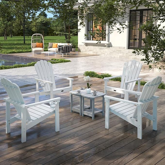 Stackable Adirondack Chair Set of 4, HDPE All-Weather Adirondack Chairs - Durable and Space Saving, Plastic Outdoor Fire Pit Chairs with Cup Holder,White
