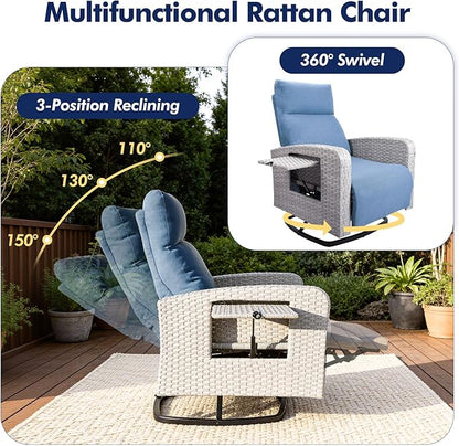 Outdoor Recliner Chair, Wicker Patio Recliners with Adjustable Backrest and Extended Foot Rest, Reclining Patio Chairs with Flip Table & Removable Cushion Cover for Porch