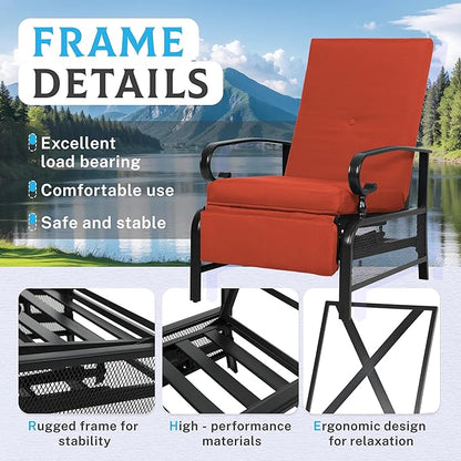Incbruce 3 Pieces Outdoor Lounge Recliner Set, 2 Adjustable Metal Recliner Sofa Chair and Umbrella Stand Side Square Table Suitable for Garden, Pool, Yard (Red)