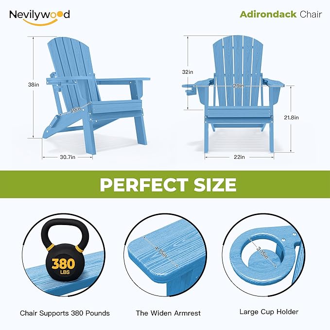 nevilywood Folding Adirondack Chair with Cup Holder Set of 4, HDPE Patio Chairs,All-Weather Outdoor Chairs for Backyard, Deck,Fire Pit-LightBlue